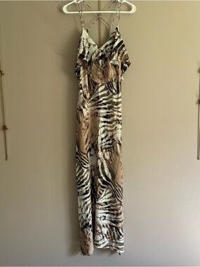 Lani Tiger Print Maxi Slip Dress Womens Medium Beige Brown Ruffled Strappy Beach